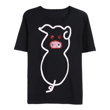 Crew Neck Cute Pig Tee Sweater T-Shirt Top – Black