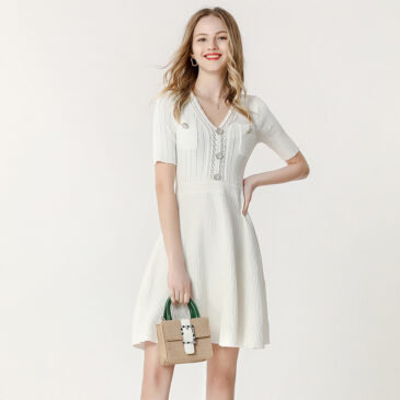 Short Sleeve Sweater Tee Knit Dress – White